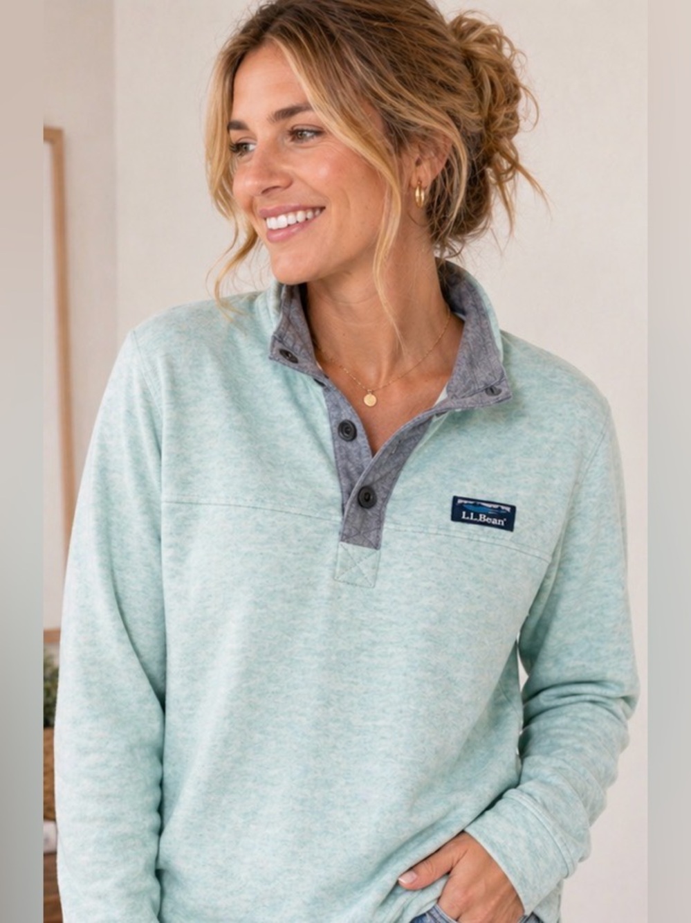 L.L.Bean Pullover Sweatshirt Snap Neck Mint Green Cozy Casual